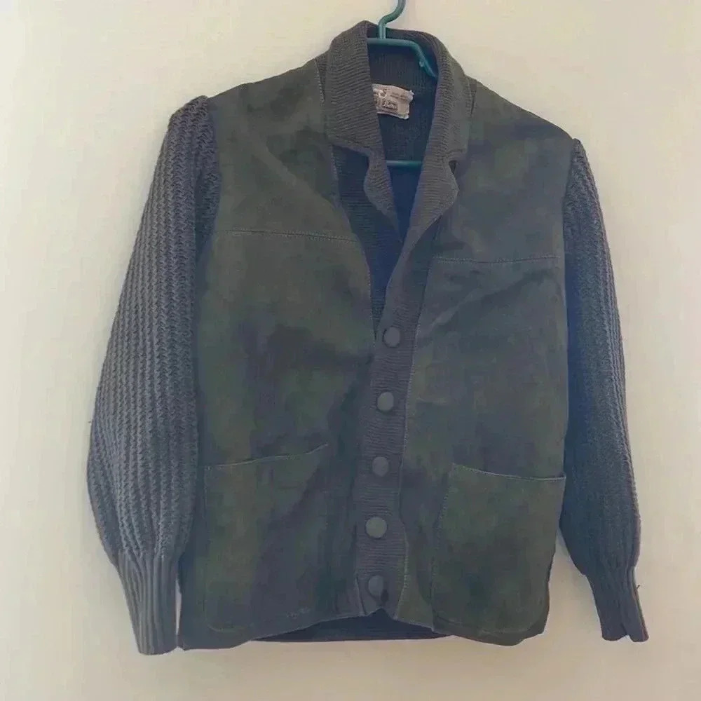 Vintage Beltex 100Best Merino Wool Dark Green Button Down Knit Jacket with Suede